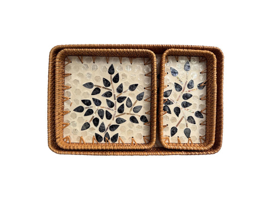 Rattan Tray with Mother of Pearl Inlay Base, Handmade Woven Serving Tray, Boho Coastal Coffee Table Decor, Made in Vietnam 80