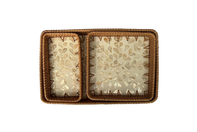 Rattan Tray with Mother of Pearl Inlay Base, Handmade Woven Serving Tray, Boho Coastal Coffee Table Decor, Made in Vietnam 97