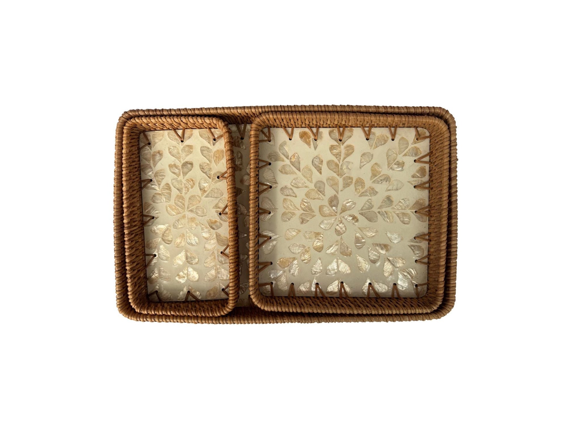 Rattan Tray with Mother of Pearl Inlay Base, Handmade Woven Serving Tray, Boho Coastal Coffee Table Decor, Made in Vietnam 97