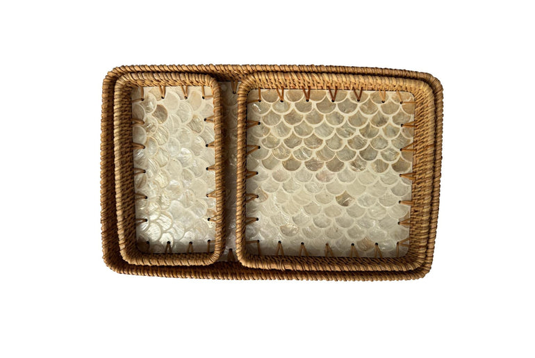 Rattan Tray with Mother of Pearl Inlay Base, Handmade Woven Serving Tray, Boho Coastal Coffee Table Decor, Made in Vietnam 93
