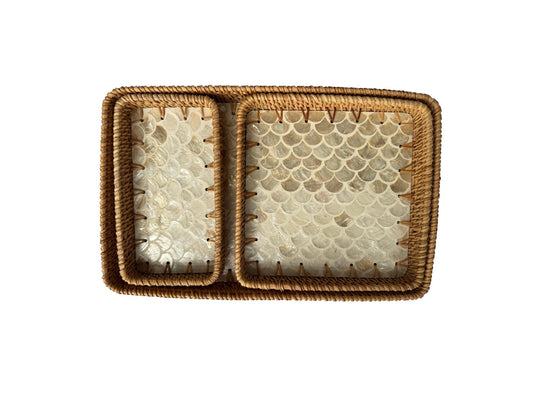 Rattan Tray with Mother of Pearl Inlay Base, Handmade Woven Serving Tray, Boho Coastal Coffee Table Decor, Made in Vietnam 93