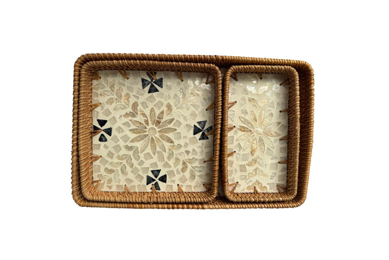 Rattan Tray with Mother of Pearl Inlay Base, Handmade Woven Serving Tray, Boho Coastal Coffee Table Decor, Made in Vietnam 94