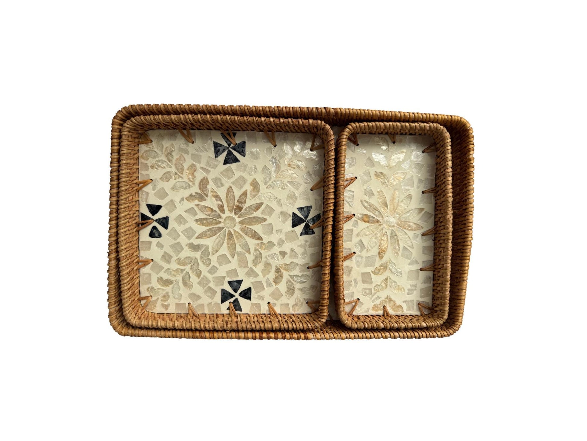 Rattan Tray with Mother of Pearl Inlay Base, Handmade Woven Serving Tray, Boho Coastal Coffee Table Decor, Made in Vietnam 94