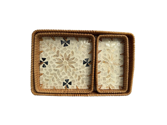 Rattan Tray with Mother of Pearl Inlay Base, Handmade Woven Serving Tray, Boho Coastal Coffee Table Decor, Made in Vietnam 94