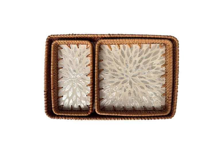 Rattan Tray with Mother of Pearl Inlay Base, Handmade Woven Serving Tray, Boho Coastal Coffee Table Decor, Made in Vietnam 95