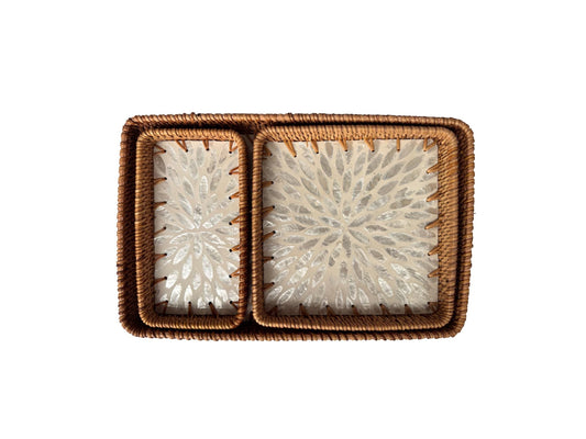 Rattan Tray with Mother of Pearl Inlay Base, Handmade Woven Serving Tray, Boho Coastal Coffee Table Decor, Made in Vietnam 95