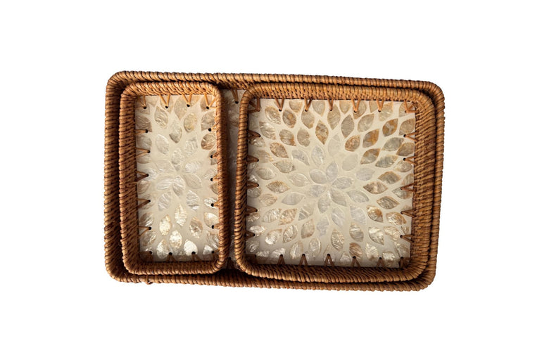 Rattan Tray with Mother of Pearl Inlay Base, Handmade Woven Serving Tray, Boho Coastal Coffee Table Decor, Made in Vietnam 148