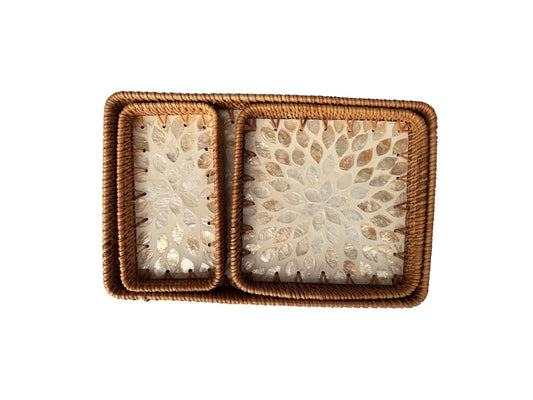 Rattan Tray with Mother of Pearl Inlay Base, Handmade Woven Serving Tray, Boho Coastal Coffee Table Decor, Made in Vietnam 148