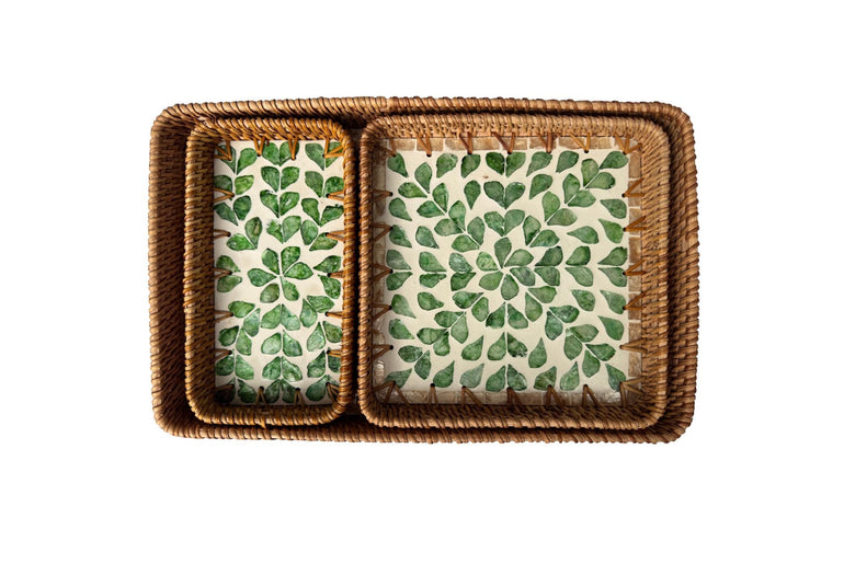 Rattan Tray with Mother of Pearl Inlay Base, Handmade Woven Serving Tray, Boho Coastal Coffee Table Decor, Made in Vietnam 96