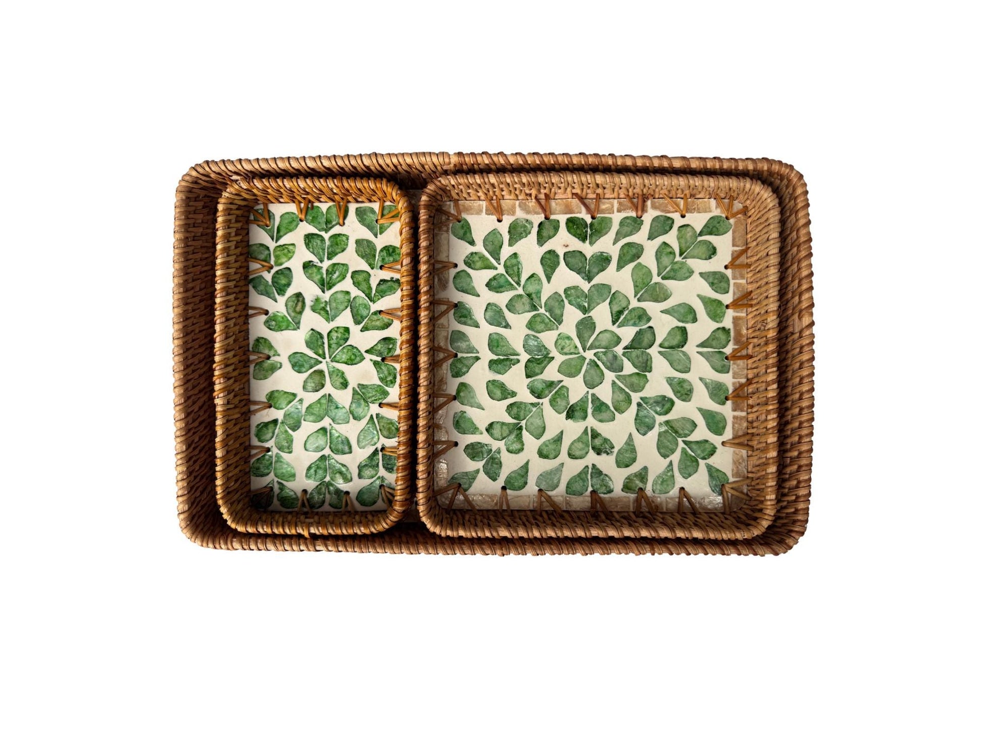 Rattan Tray with Mother of Pearl Inlay Base, Handmade Woven Serving Tray, Boho Coastal Coffee Table Decor, Made in Vietnam 96