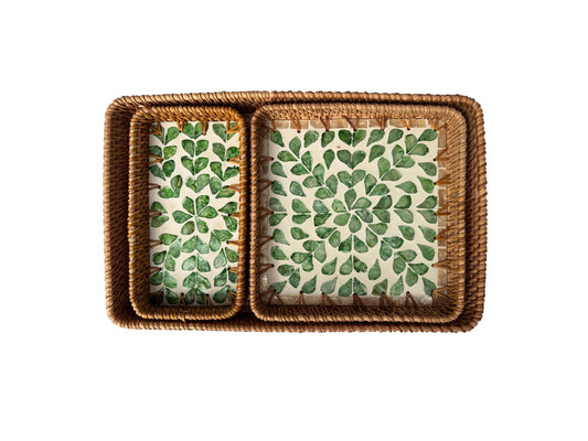 Rattan Tray with Mother of Pearl Inlay Base, Handmade Woven Serving Tray, Boho Coastal Coffee Table Decor, Made in Vietnam 96