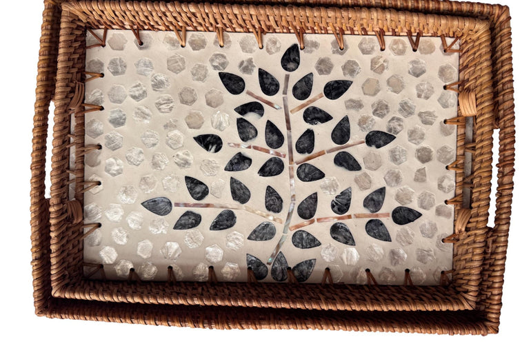 Rectangular Rattan Tray with Mother of Pearl Inlay - Handcrafted Serving Tray 64
