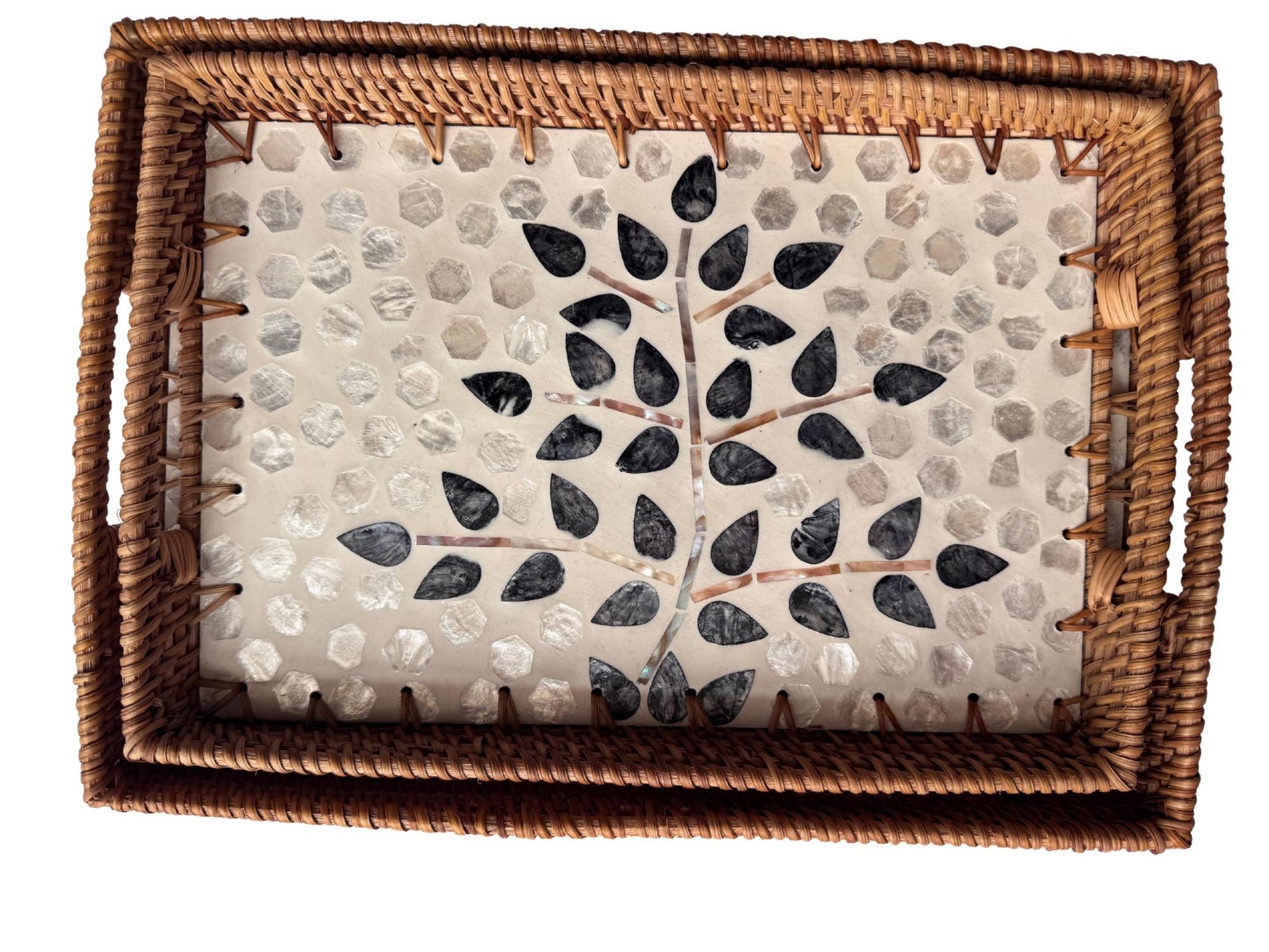 Rectangular Rattan Tray with Mother of Pearl Inlay - Handcrafted Serving Tray 64