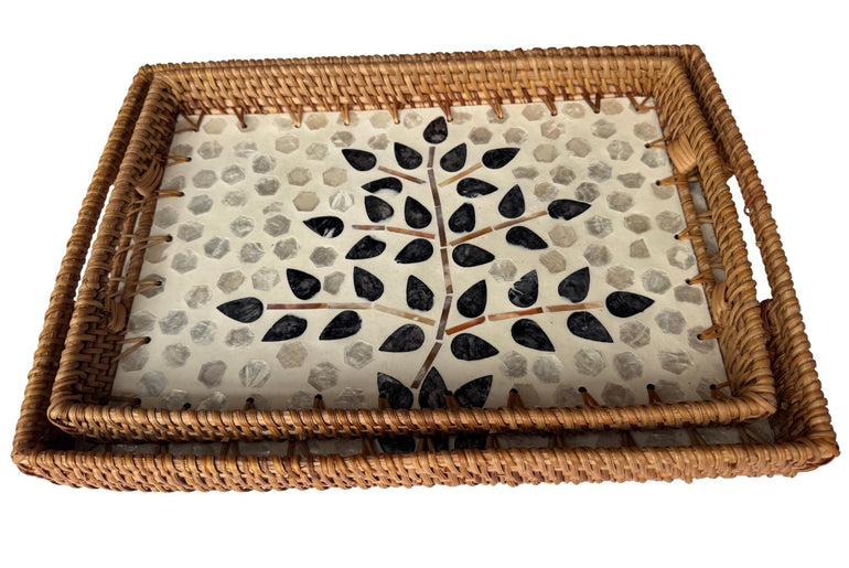 Rectangular Rattan Tray with Mother of Pearl Inlay - Handcrafted Serving Tray 64
