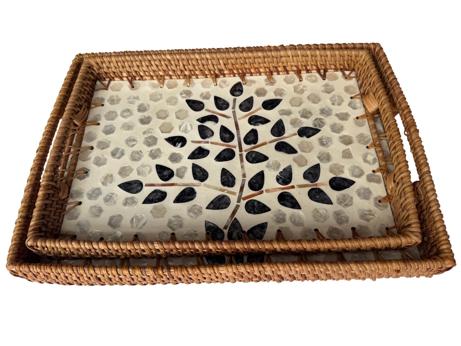 Rectangular Rattan Tray with Mother of Pearl Inlay - Handcrafted Serving Tray 64