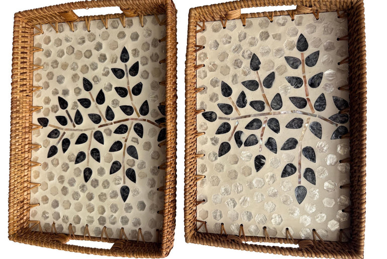 Rectangular Rattan Tray with Mother of Pearl Inlay - Handcrafted Serving Tray 64