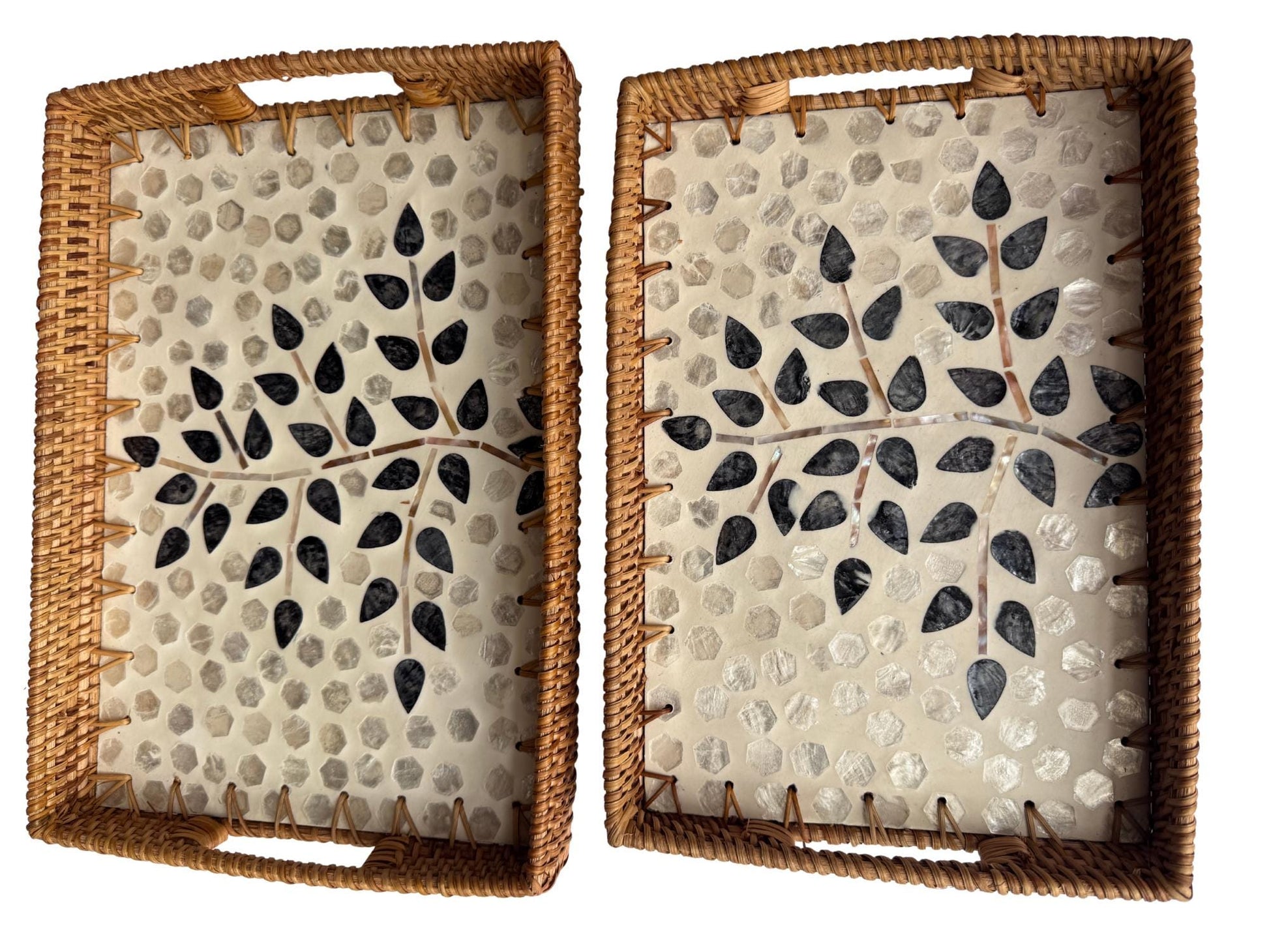 Rectangular Rattan Tray with Mother of Pearl Inlay - Handcrafted Serving Tray 64