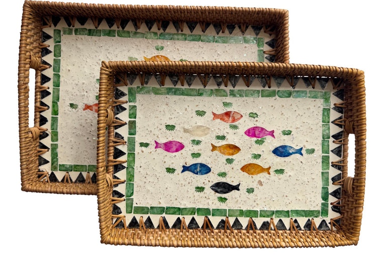 Rectangular Rattan Tray with Mother of Pearl Fish Inlay - Handwoven Serving Decor 63
