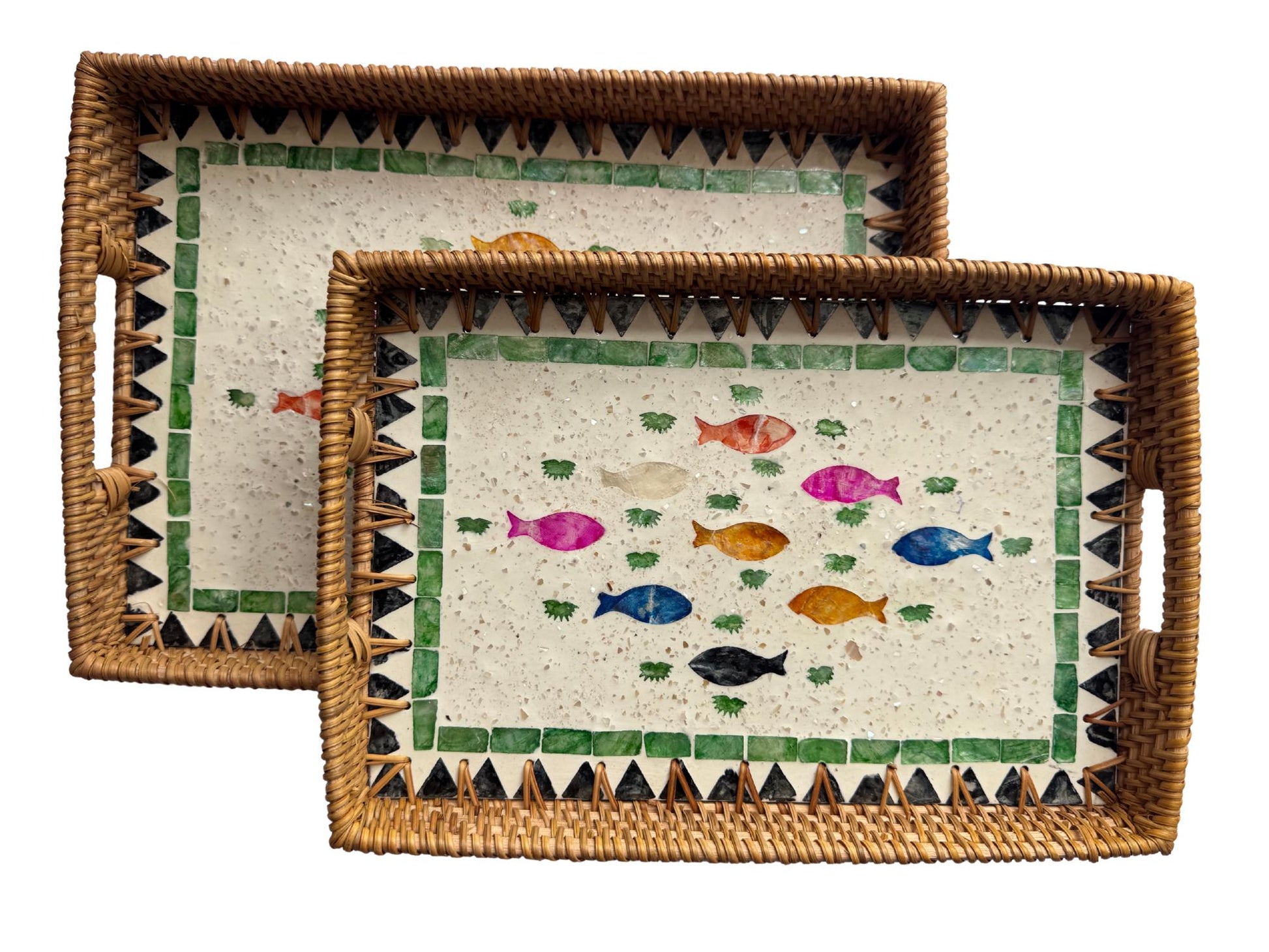 Rectangular Rattan Tray with Mother of Pearl Fish Inlay - Handwoven Serving Decor 63