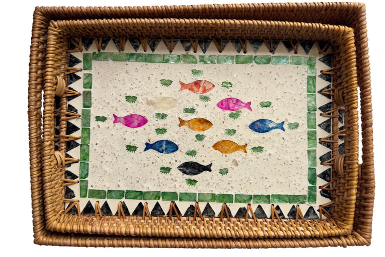 Rectangular Rattan Tray with Mother of Pearl Fish Inlay - Handwoven Serving Decor 63