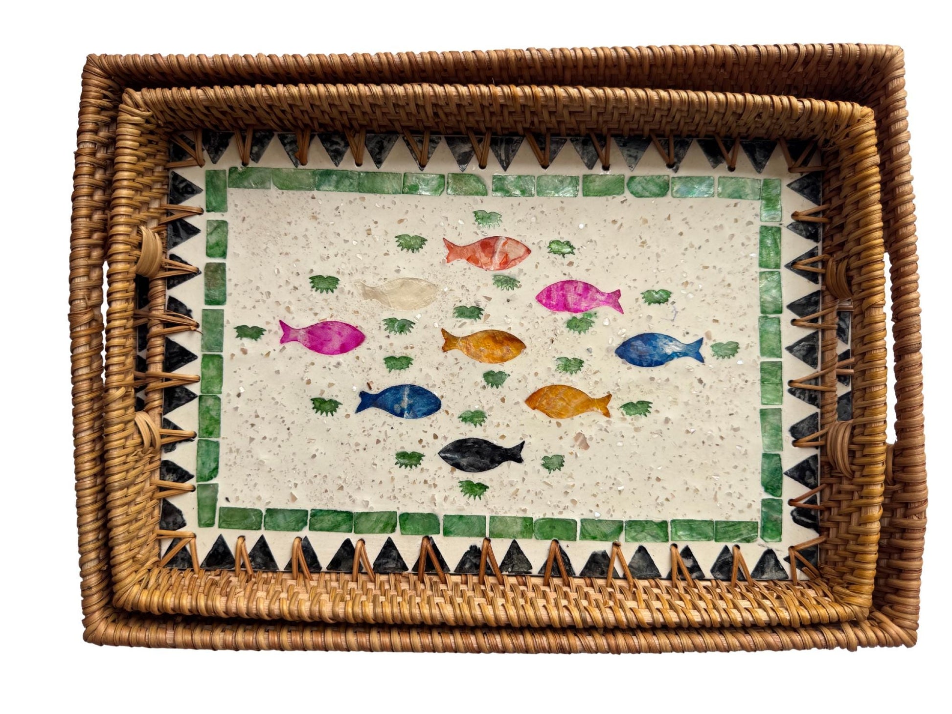 Rectangular Rattan Tray with Mother of Pearl Fish Inlay - Handwoven Serving Decor 63