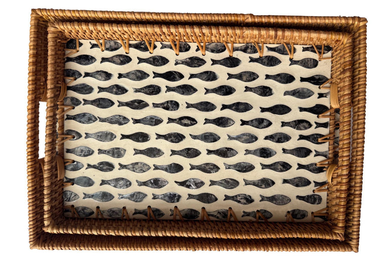 Rectangular Rattan Tray with Fish Print Inlay - Handwoven Decorative Serving Tray 59