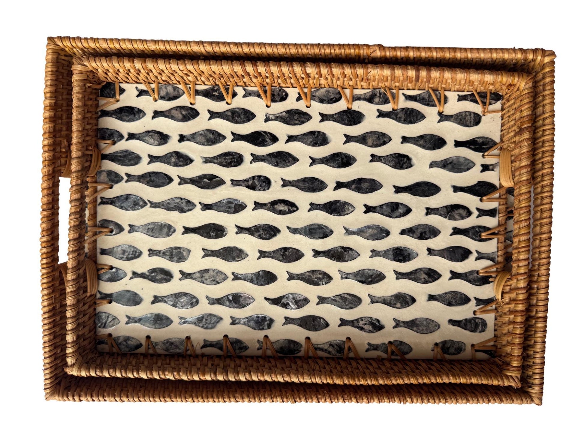 Rectangular Rattan Tray with Fish Print Inlay - Handwoven Decorative Serving Tray 59