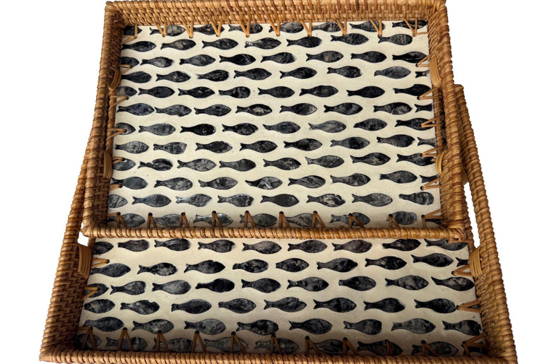 Rectangular Rattan Tray with Fish Print Inlay - Handwoven Decorative Serving Tray 59