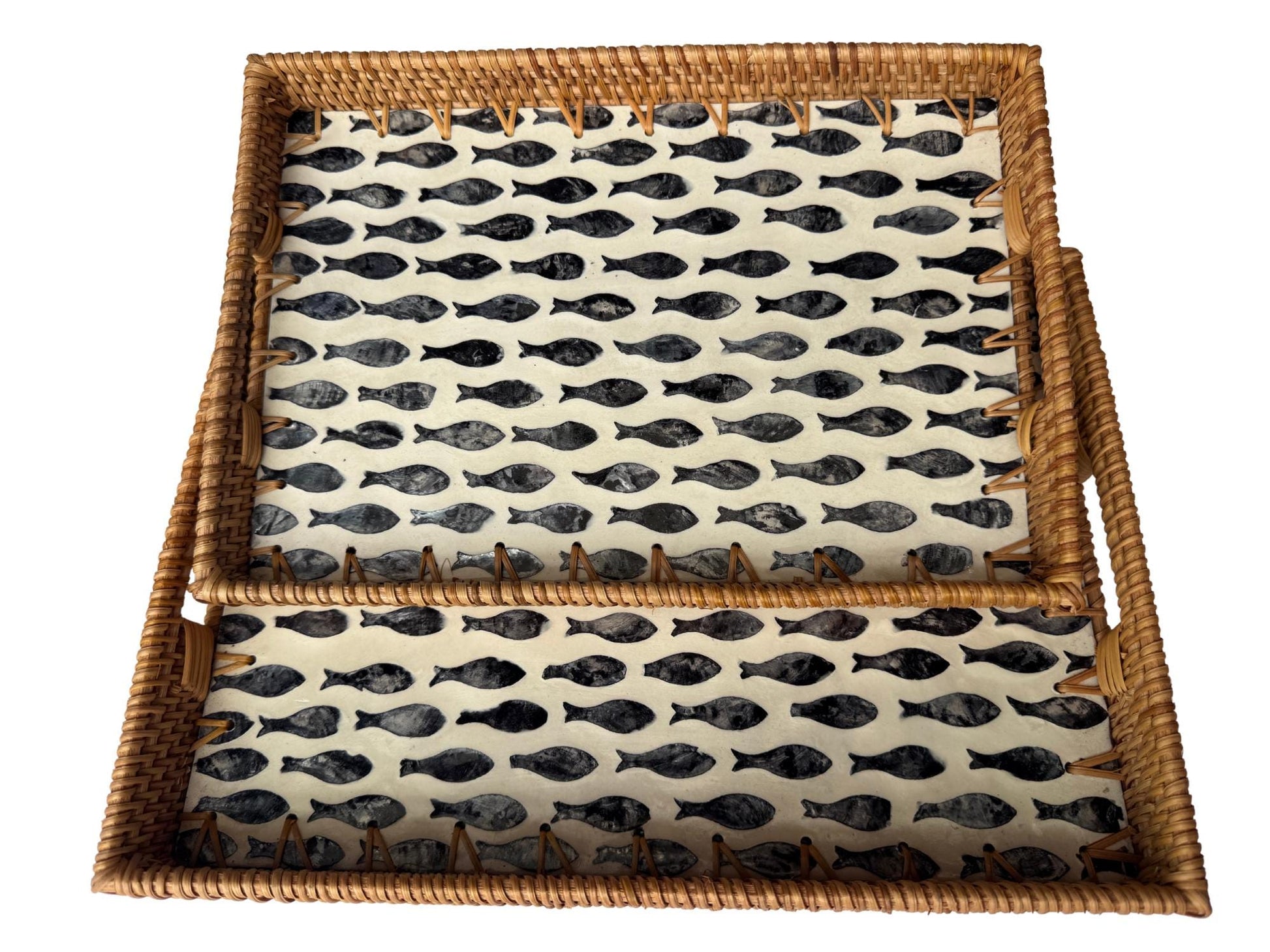 Rectangular Rattan Tray with Fish Print Inlay - Handwoven Decorative Serving Tray 59