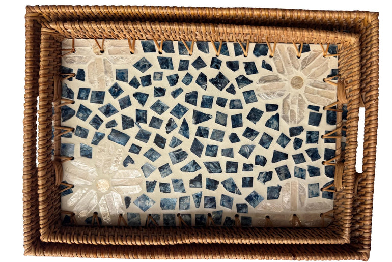 Rectangular Rattan Tray with Mother of Pearl Inlay - Handcrafted Serving Decor 58