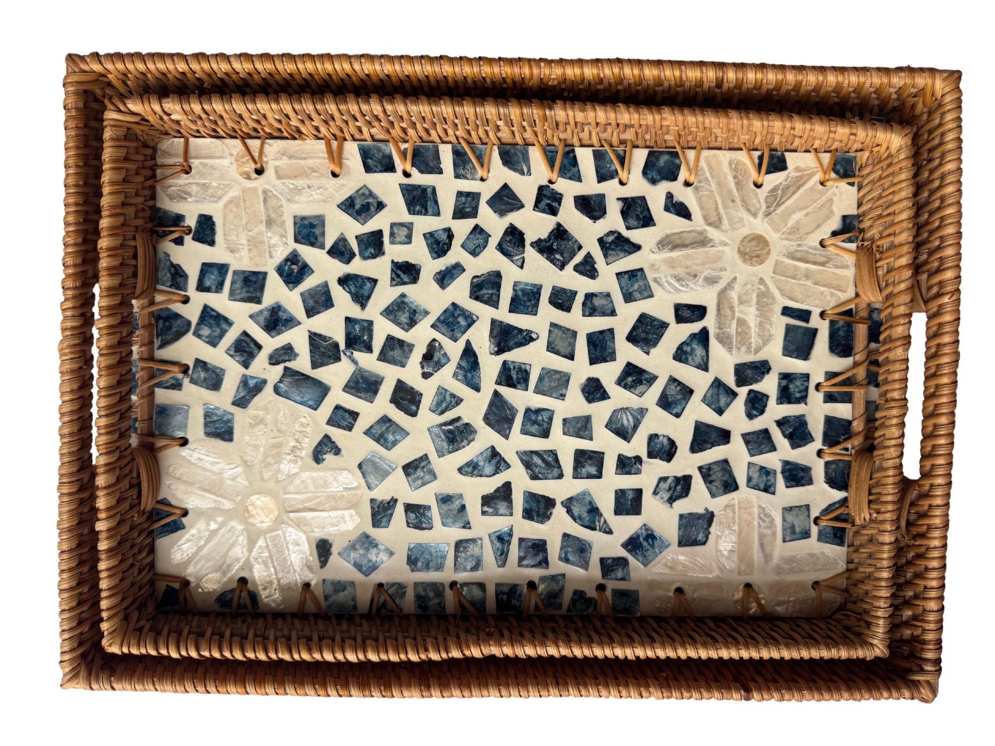Rectangular Rattan Tray with Mother of Pearl Inlay - Handcrafted Serving Decor 58