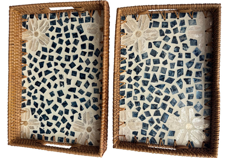 Rectangular Rattan Tray with Mother of Pearl Inlay - Handcrafted Serving Decor 58