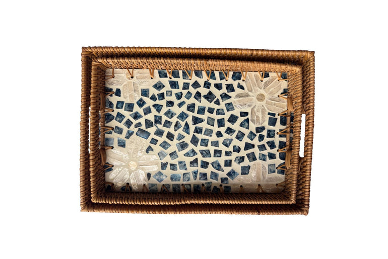 Rectangular Rattan Tray with Mother of Pearl Inlay - Handcrafted Serving Decor 58