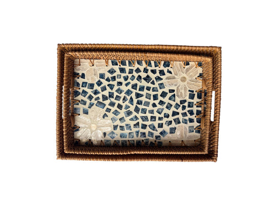 Rectangular Rattan Tray with Mother of Pearl Inlay - Handcrafted Serving Decor 58