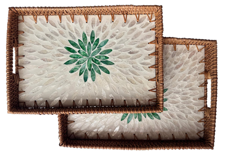 Handcrafted Rattan Serving Tray with Mother of Pearl Inlay - Decorative Home Accent 65