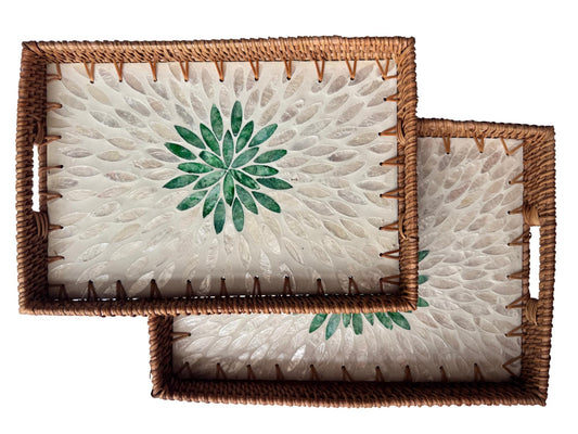 Handcrafted Rattan Serving Tray with Mother of Pearl Inlay - Decorative Home Accent 65