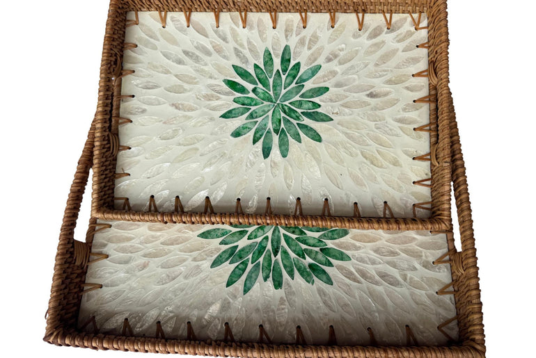 Handcrafted Rattan Serving Tray with Mother of Pearl Inlay - Decorative Home Accent 65