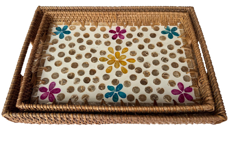 Rectangular Rattan Tray with Mother of Pearl Inlay - Handwoven Serving Decor 56