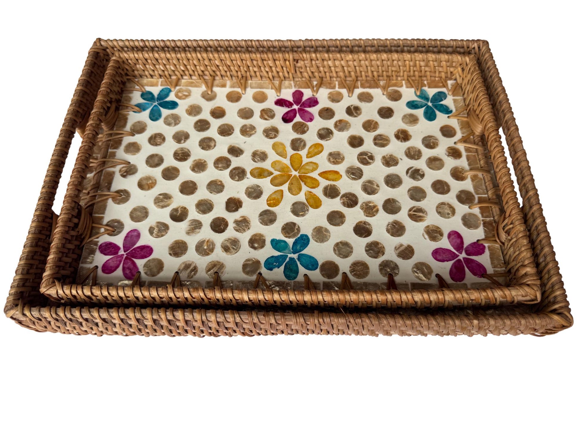Rectangular Rattan Tray with Mother of Pearl Inlay - Handwoven Serving Decor 56