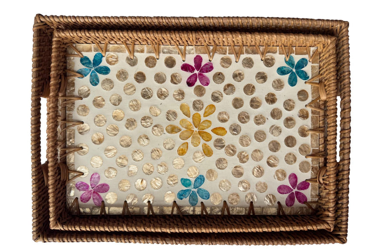 Rectangular Rattan Tray with Mother of Pearl Inlay - Handwoven Serving Decor 56