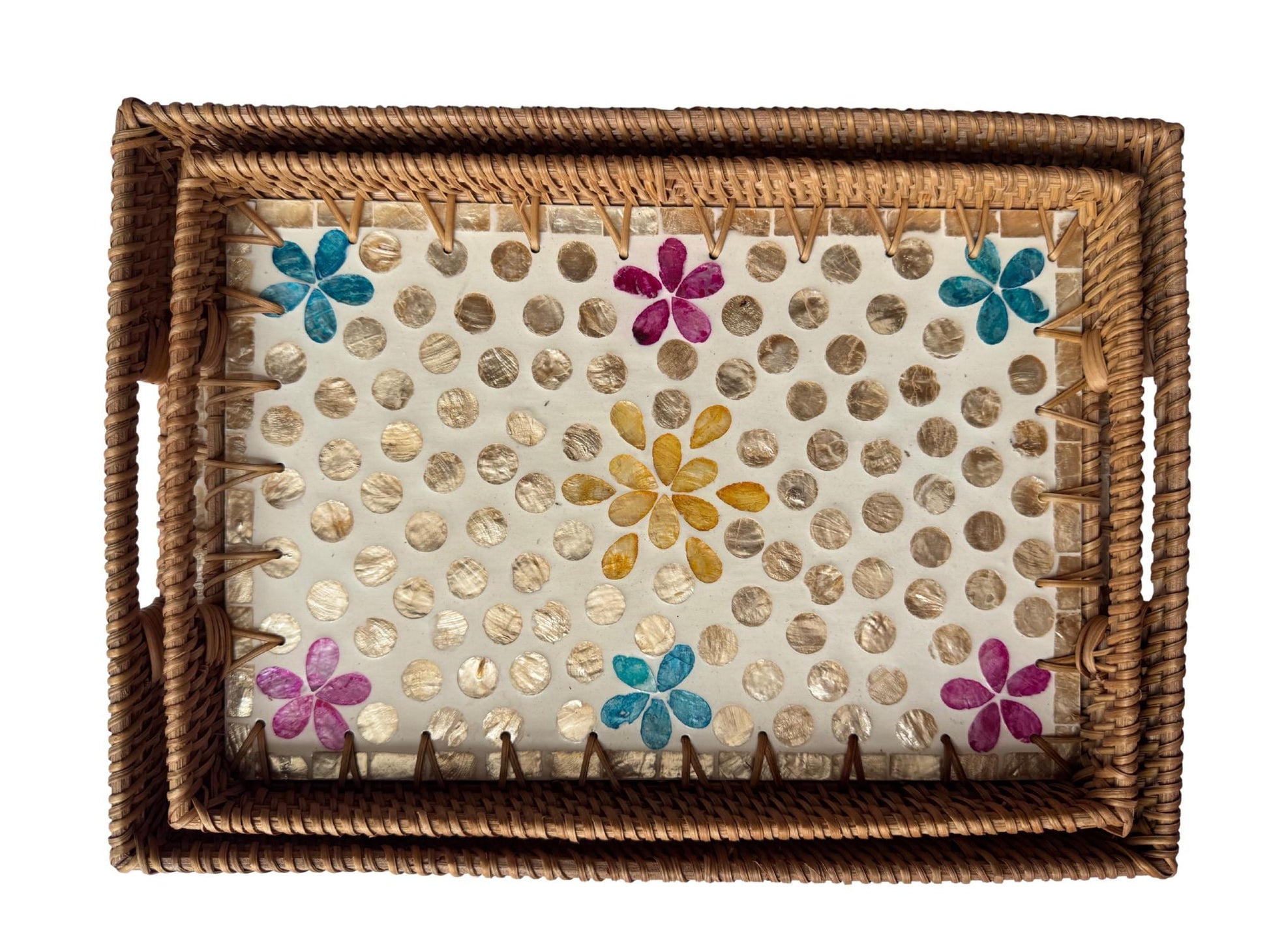 Rectangular Rattan Tray with Mother of Pearl Inlay - Handwoven Serving Decor 56