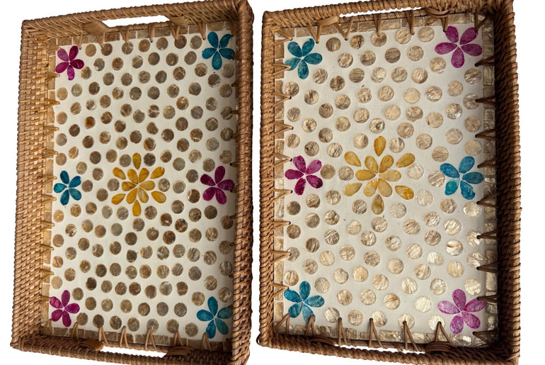 Rectangular Rattan Tray with Mother of Pearl Inlay - Handwoven Serving Decor 56
