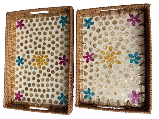 Rectangular Rattan Tray with Mother of Pearl Inlay - Handwoven Serving Decor 56