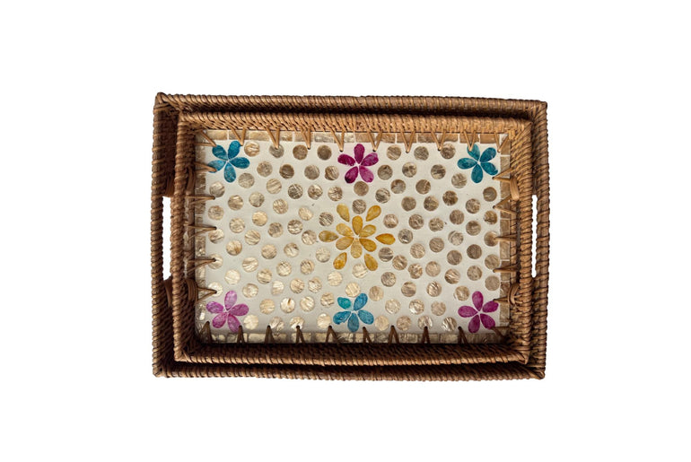 Rectangular Rattan Tray with Mother of Pearl Inlay - Handwoven Serving Decor 56