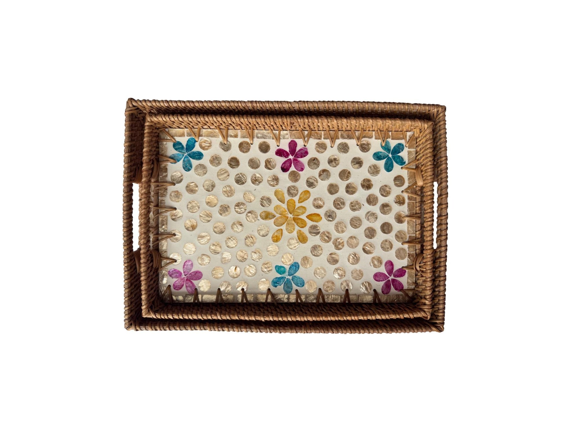 Rectangular Rattan Tray with Mother of Pearl Inlay - Handwoven Serving Decor 56
