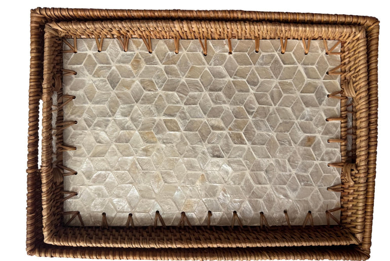 Rectangular Rattan Tray with Mother of Pearl Inlay - Handcrafted Serving Decor 57