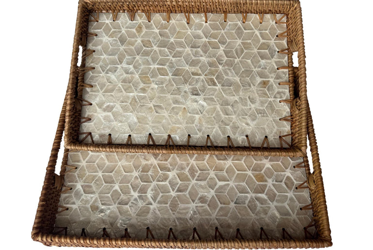 Rectangular Rattan Tray with Mother of Pearl Inlay - Handcrafted Serving Decor 57