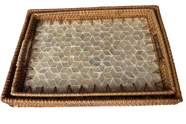 Rectangular Rattan Tray with Mother of Pearl Inlay - Handcrafted Serving Decor 57
