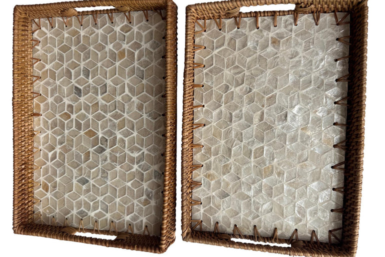 Rectangular Rattan Tray with Mother of Pearl Inlay - Handcrafted Serving Decor 57