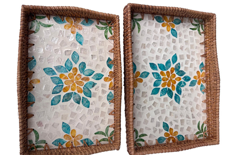 Scalloped Edge Rattan Rectangular Tray with Mother of Pearl Inlay - Handmade Decorative Serving Tray, Natural Woven Tray, Coffee Table Decor 50